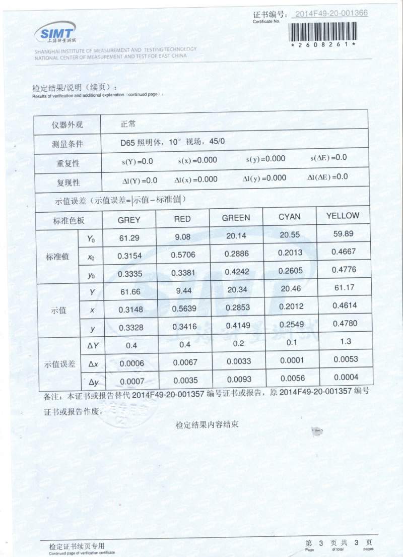 NS800精密色差仪国家一级证书（3）